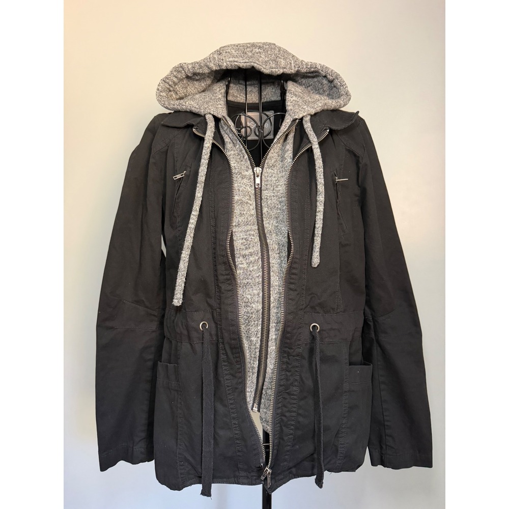 2Sable Womens Black Utility Jacket Layered Grey Knit Hooded Parka M